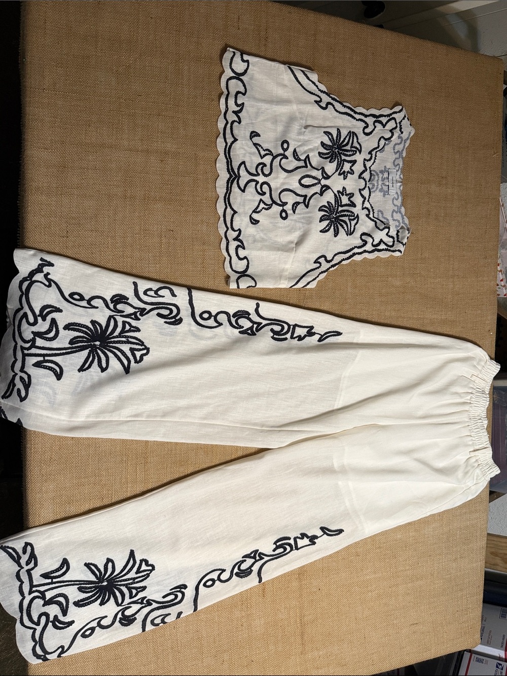 Wide Leg Embroidered Cotton Pants - White with Black Embroidery